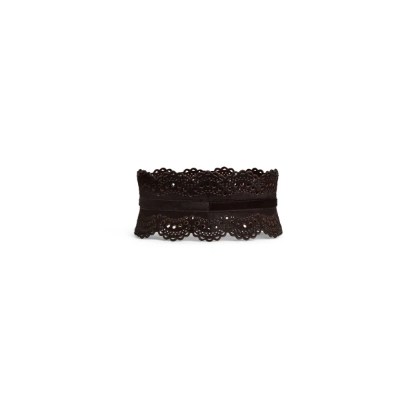 Alaia Bustier Belt in Perforated Vienne Haircalf, Chocolate | Belts | Luxury Shoes 