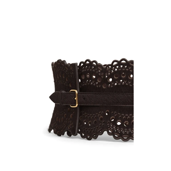 Alaia Bustier Belt in Perforated Vienne Haircalf, Chocolate | Belts | Luxury Shoes 