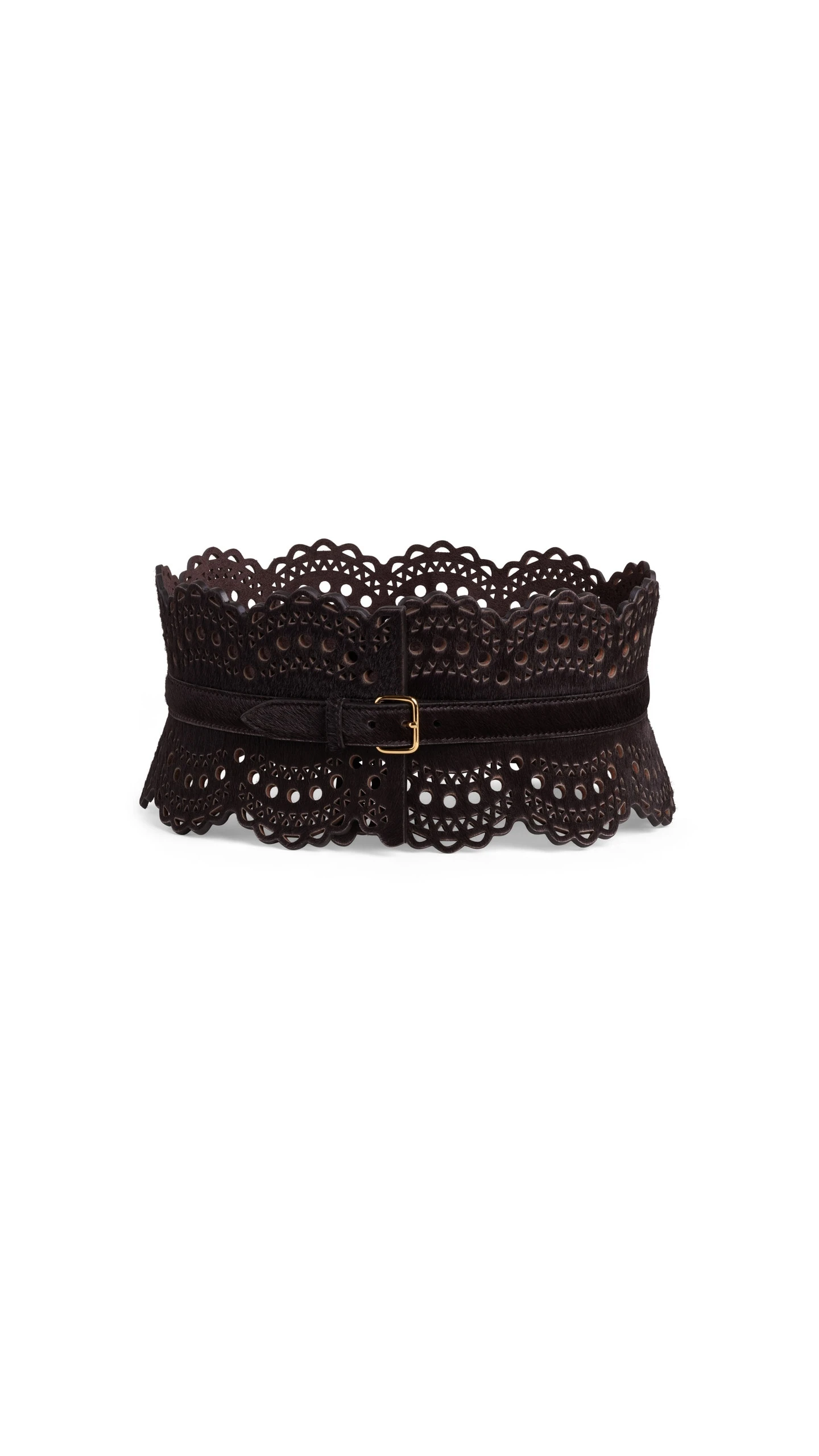 Alaia Bustier Belt in Perforated Vienne Haircalf, Chocolate Alaia Bustier Belt in Perforated Vienne Haircalf, Chocolate | Belts | Luxury Shoes