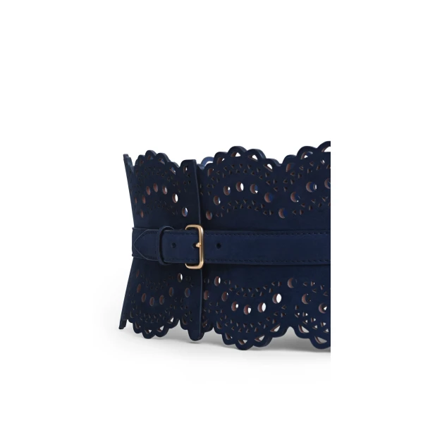 Alaia Bustier Belt in Perforated Vienne Nubuck, Blue | Belts | Luxury Shoes 