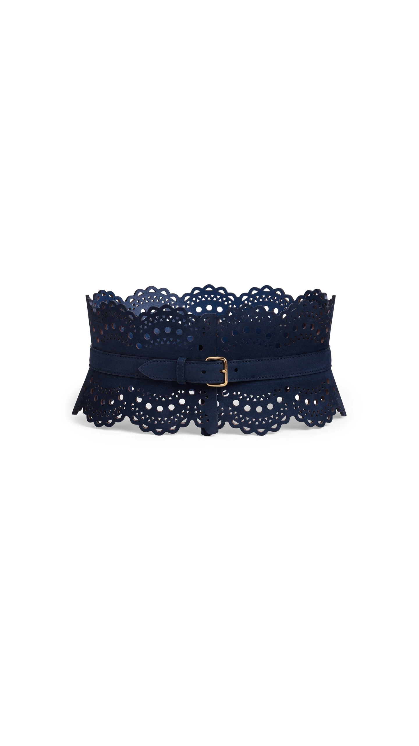 Alaia Bustier Belt in Perforated Vienne Nubuck, Blue Alaia Bustier Belt in Perforated Vienne Nubuck, Blue | Belts | Luxury Shoes