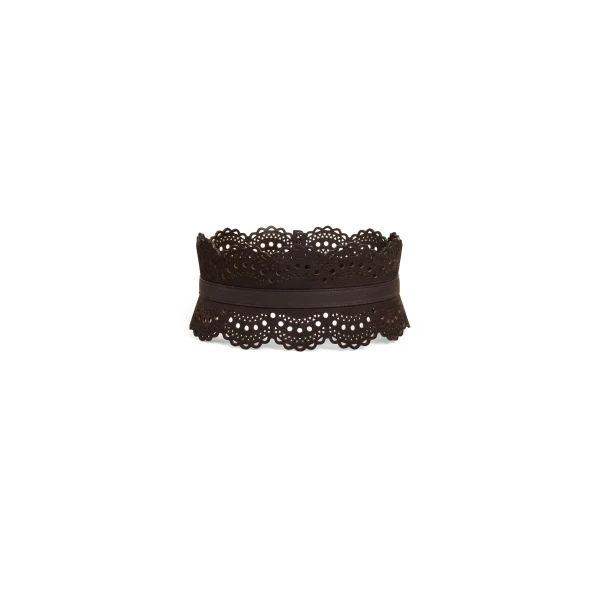 Alaia Bustier Belt in Perforated Vienne Nubuck, Smoke Brown | Belts | Luxury Shoes 