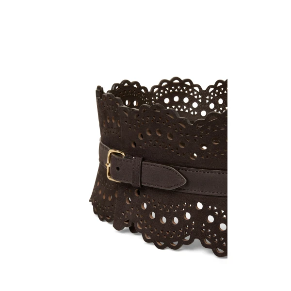 Alaia Bustier Belt in Perforated Vienne Nubuck, Smoke Brown | Belts | Luxury Shoes 