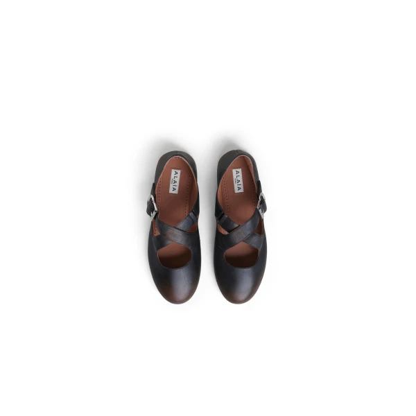Alaia Criss Cross Ballet Flats in Aged Leather, Ebony | Flats | Luxury Shoes 