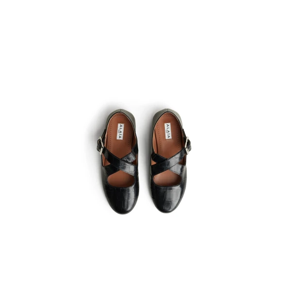 Alaia Criss Cross Ballet Flats in Crocodile Embossed Calfskin, Black | Flats | Luxury Shoes 