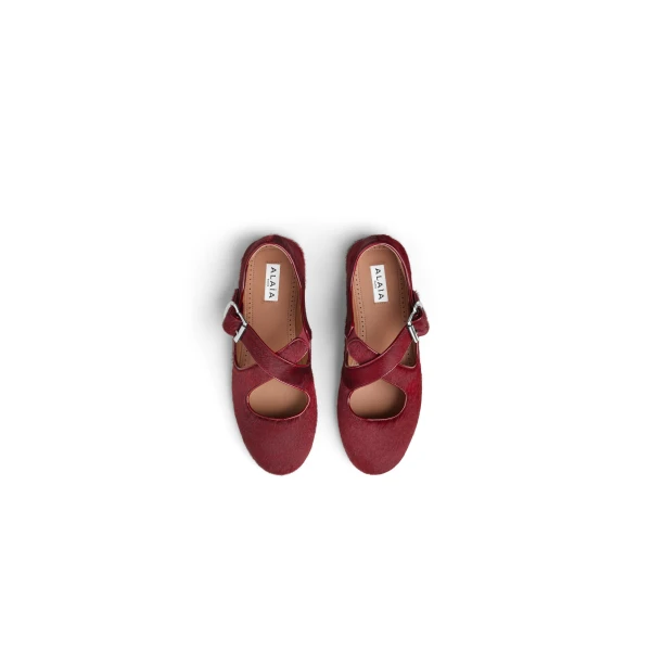 Alaia Criss Cross Ballet Flats in Haircalf, Cherry | Flats | Luxury Shoes 