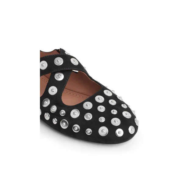 Alaia Criss Cross Ballet Flats in Suede and Rivets, Black | Flats | Luxury Shoes 
