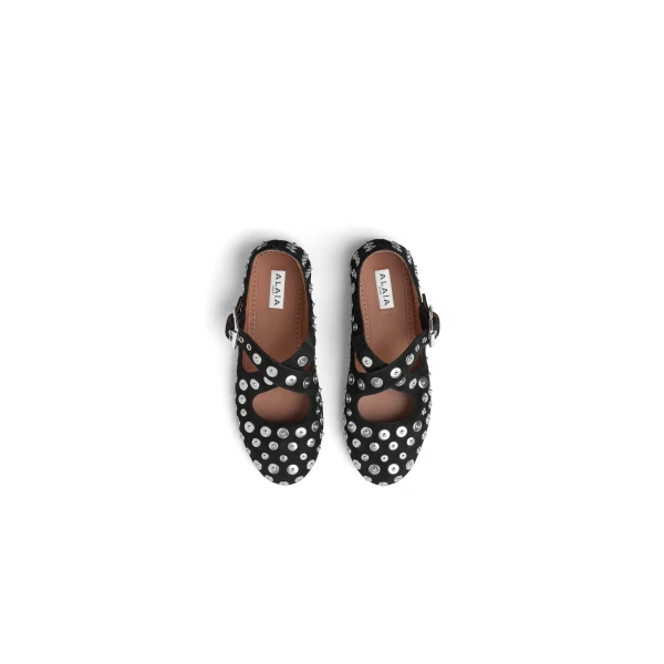 Alaia Criss Cross Ballet Flats in Suede and Rivets, Black | Flats | Luxury Shoes 