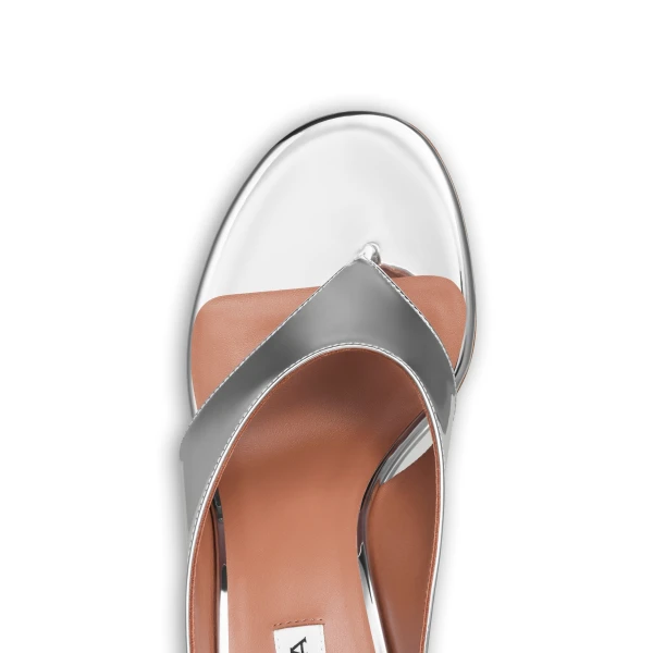Alaia Cube Thong Mules in Mirror Fabric, Silver | Mules | Luxury Shoes 