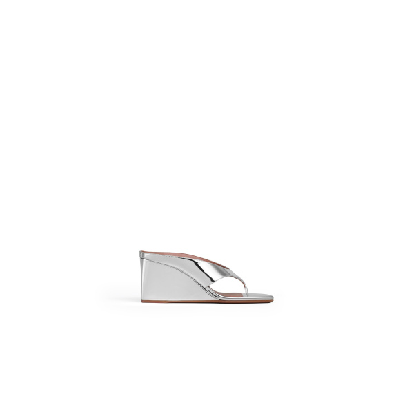 Alaia Cube Thong Mules in Mirror Fabric, Silver | Mules | Luxury Shoes 