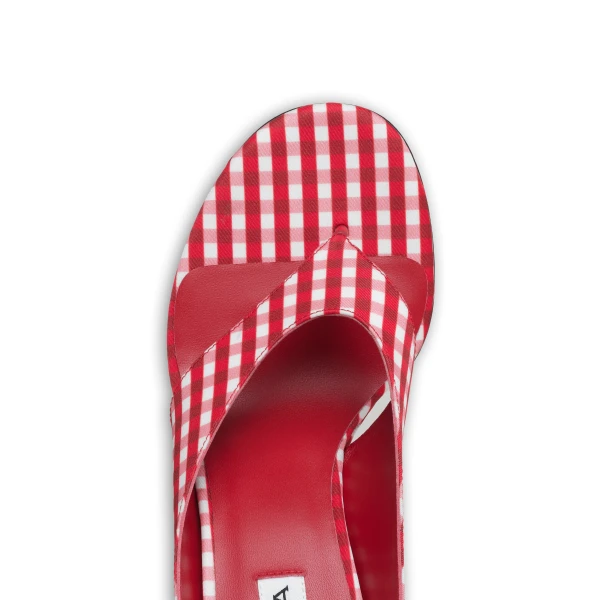 Alaia Cube Thong Mules in Vichy Print, Carmine Red and White | Mules | Luxury Shoes 