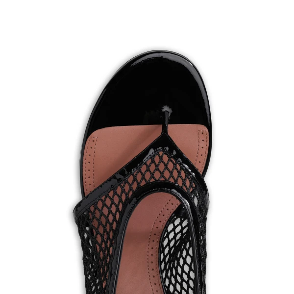 Alaia Fishnet Heel Sandals in Patent Leather, Black | Sandals | Luxury Shoes 