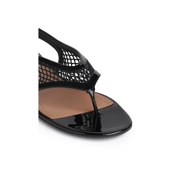 Alaia Fishnet Thong Sandals in Patent Calfskin, Black | Sandals | Luxury Shoes 