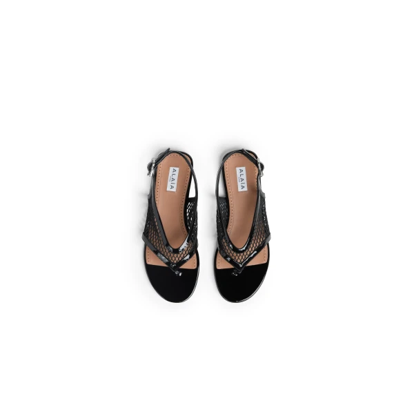 Alaia Fishnet Thong Sandals in Patent Calfskin, Black | Sandals | Luxury Shoes 