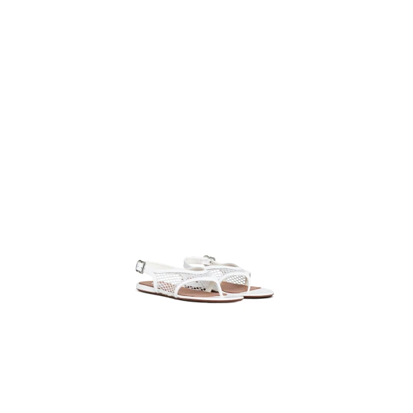 Alaia Fishnet Thong Sandals in Patent Calfskin, Optical White | Sandals | Luxury Shoes 
