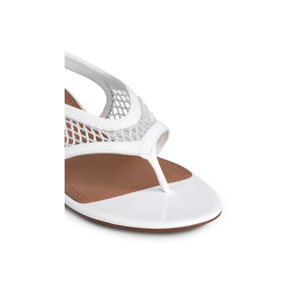 Alaia Fishnet Thong Sandals in Patent Calfskin, Optical White | Sandals | Luxury Shoes 