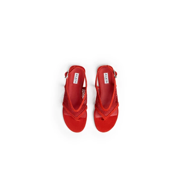 Alaia Fishnet Thong Sandals in Suede, Burnt Orange | Sandals | Luxury Shoes 