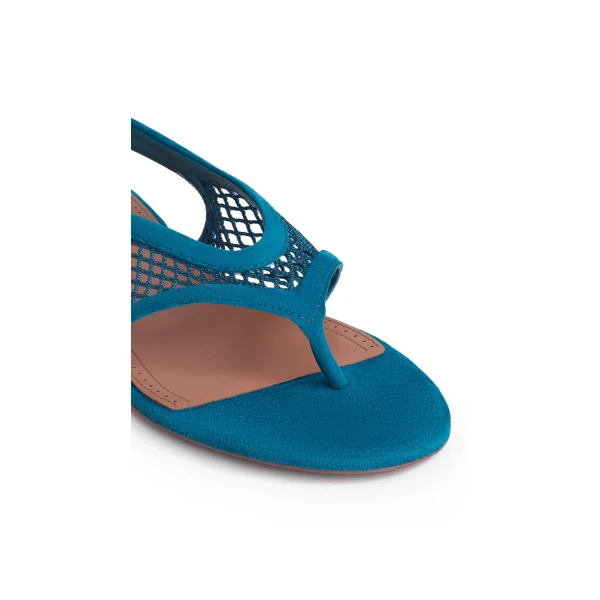 Alaia Fishnet Thong Sandals in Suede, China Blue | Sandals | Luxury Shoes 