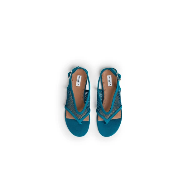 Alaia Fishnet Thong Sandals in Suede, China Blue | Sandals | Luxury Shoes 