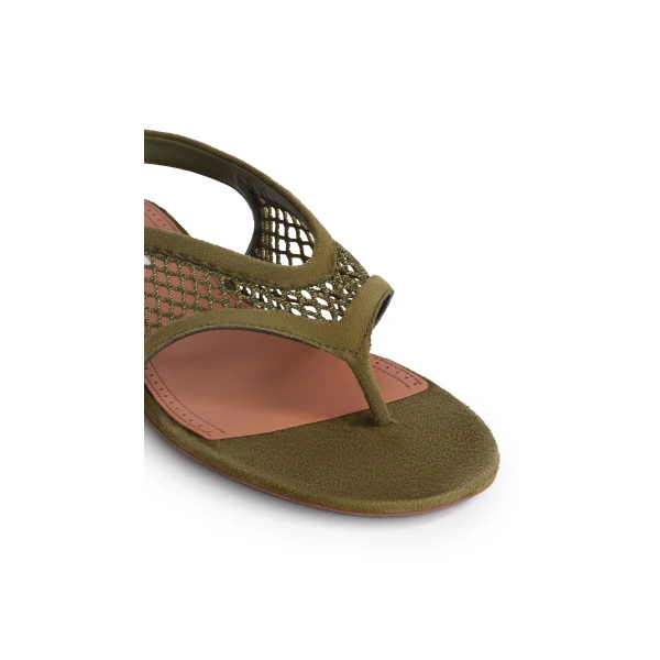 Alaia Fishnet Thong Sandals in Suede, Khaki | Sandals | Luxury Shoes 