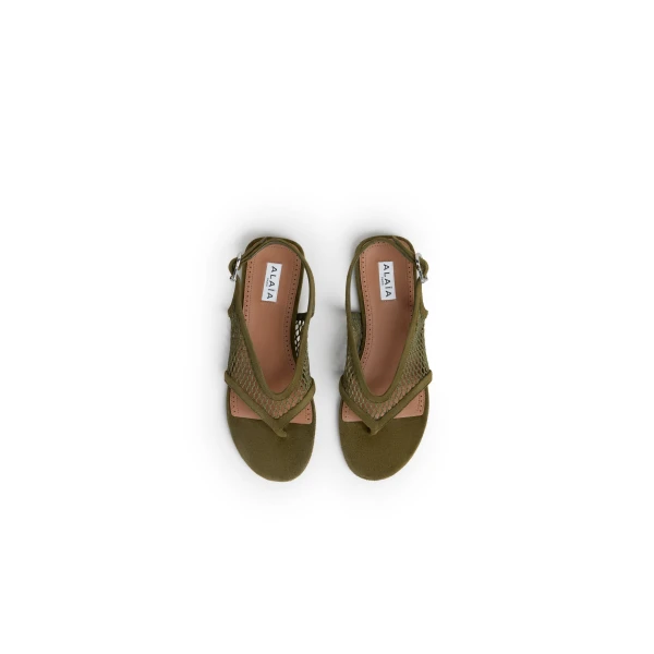 Alaia Fishnet Thong Sandals in Suede, Khaki | Sandals | Luxury Shoes 