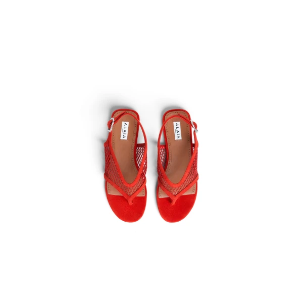 Alaia Fishnet Thong Sandals in Suede, Orange-red | Sandals | Luxury Shoes 