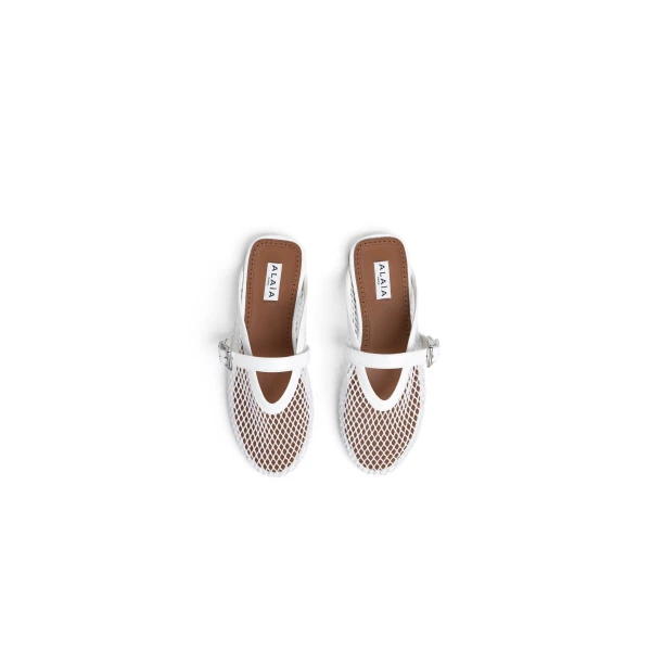 Alaia Flat Mules in Fishnet, Optical White | Mules | Luxury Shoes 