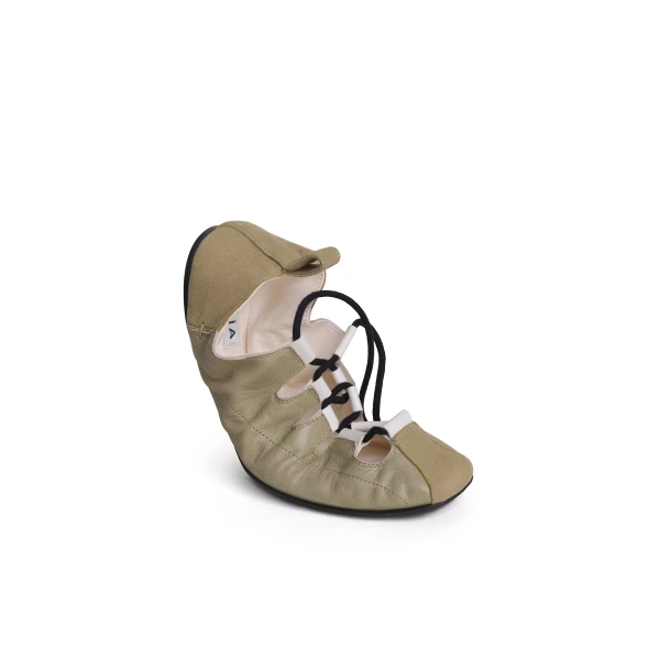 Alaia Fold Laced Flats in Leather, Almond Green | Flats | Luxury Shoes 