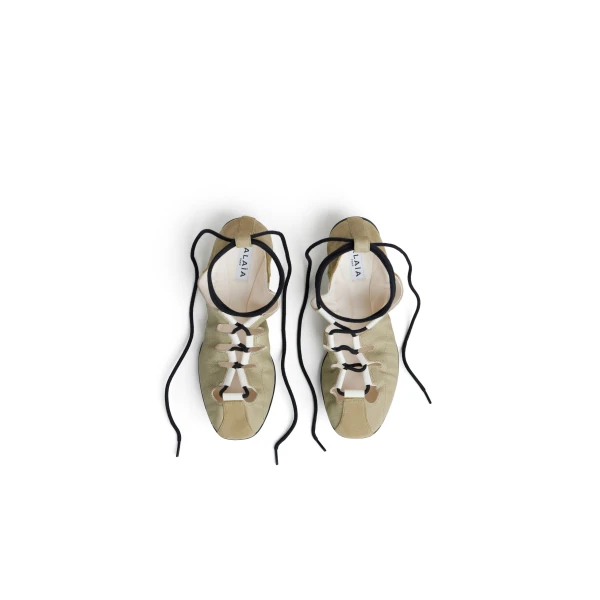 Alaia Fold Laced Flats in Leather, Almond Green | Flats | Luxury Shoes 