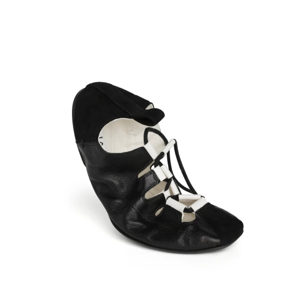 Alaia Fold Laced Flats in Leather, Black | Flats | Luxury Shoes 
