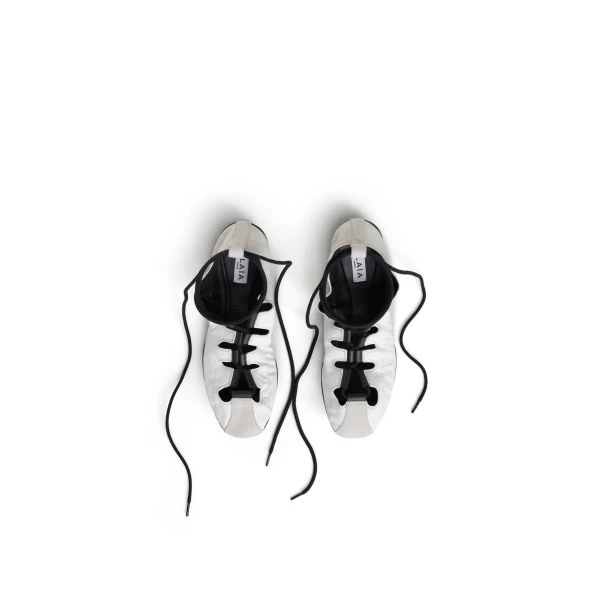 Alaia Fold Laced Flats in Leather, White | Flats | Luxury Shoes 
