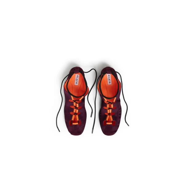 Alaia Fold Laced Flats in Nylon and Suede, Bordeaux | Flats | Luxury Shoes 