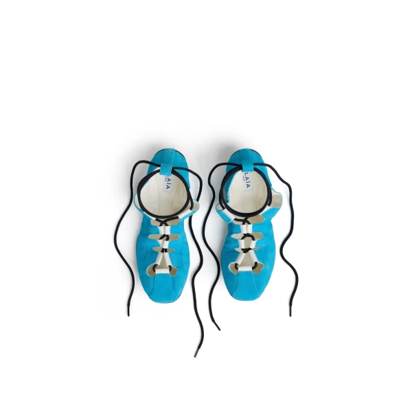 Alaia Fold Laced Flats in Velvet Calfskin, Turquin Blue | Flats | Luxury Shoes 