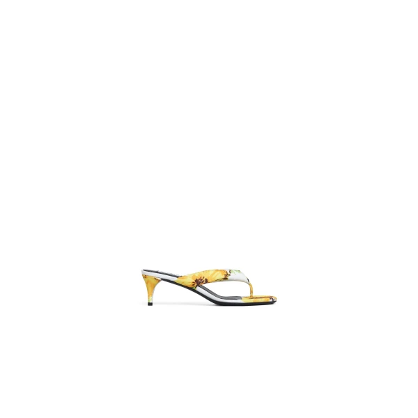 Heel Thong Mules in Flower Print, White and Yellow, 55 mm