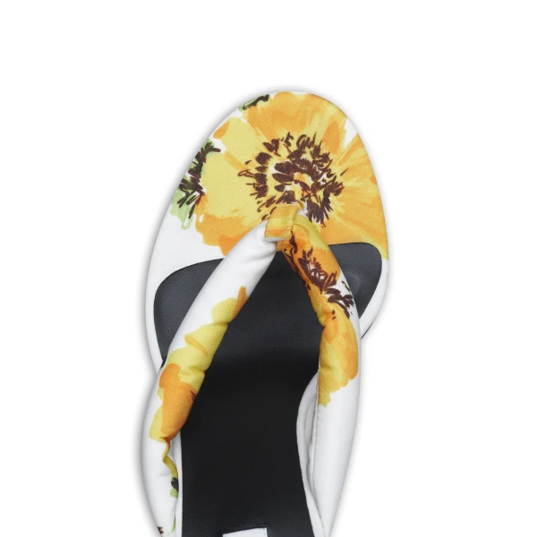 Alaia Heel Thong Mules in Flower Print, White and Yellow, 90 mm | Mules | Luxury Shoes 
