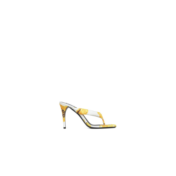 Alaia Heel Thong Mules in Flower Print, White and Yellow, 90 mm | Mules | Luxury Shoes 