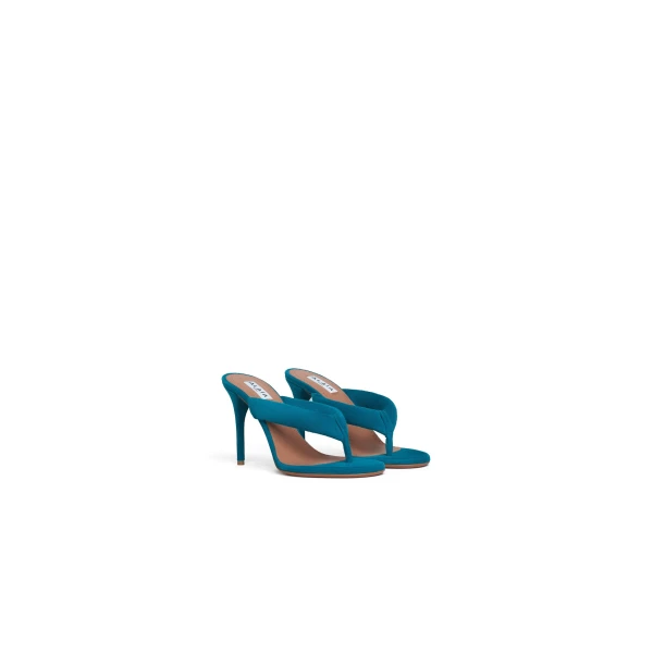 Alaia Heel Thong Mules in Suede, China Blue, 90 mm | Mules | Luxury Shoes 