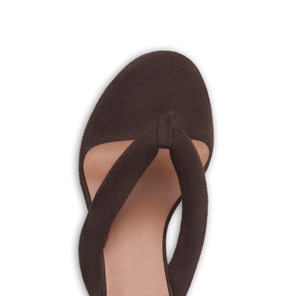 Alaia Heel Thong Mules in Suede, Smoke Brown, 55 mm | Mules | Luxury Shoes 