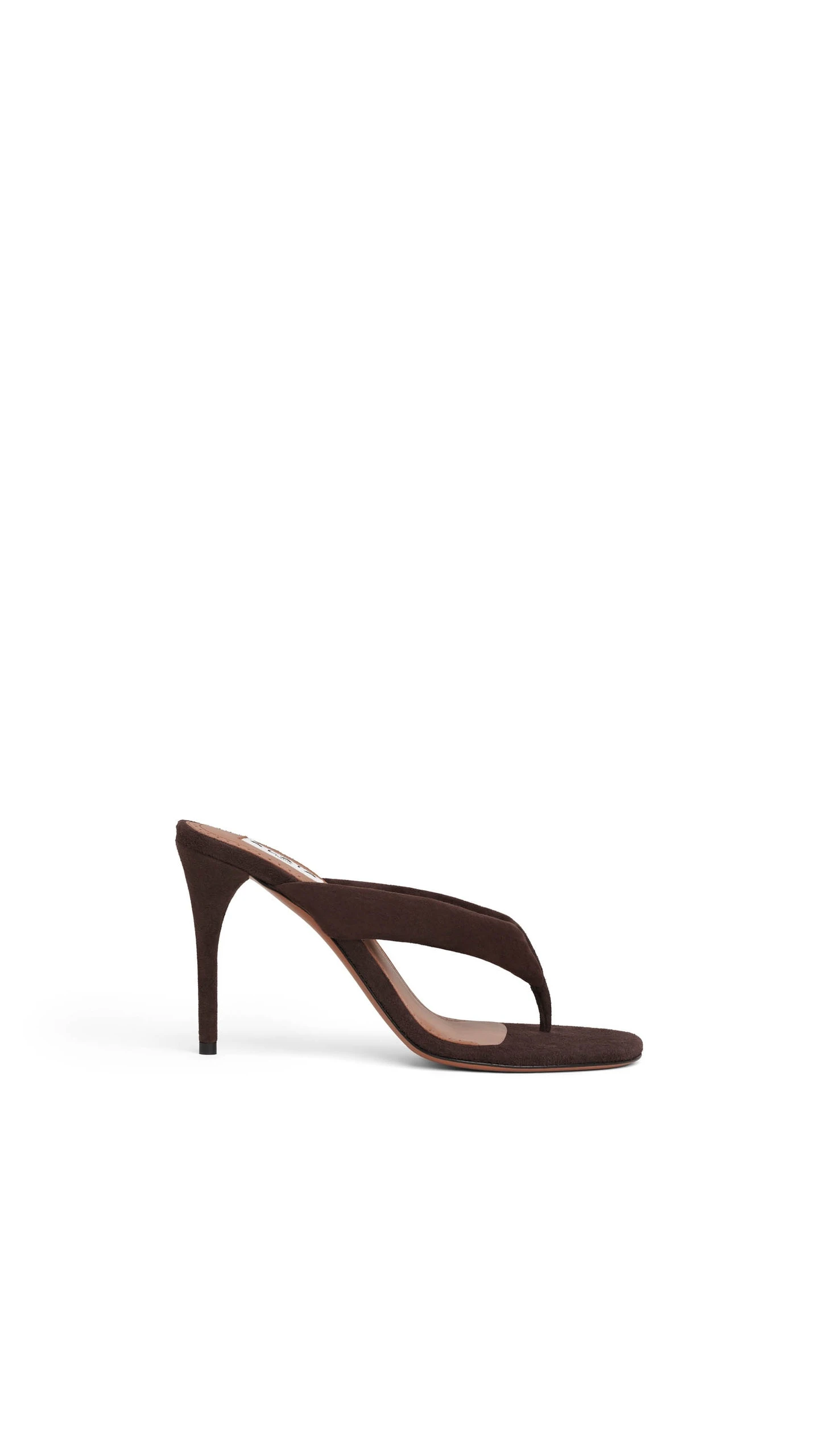 Alaia Heel Thong Mules in Suede, Smoke Brown, 90 mm Alaia Heel Thong Mules in Suede, Smoke Brown, 90 mm | Mules | Luxury Shoes