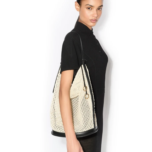 Alaia Hip Large Bucket Bag in Cotton Net, Beige | Bucket Bags | Luxury Shoes 