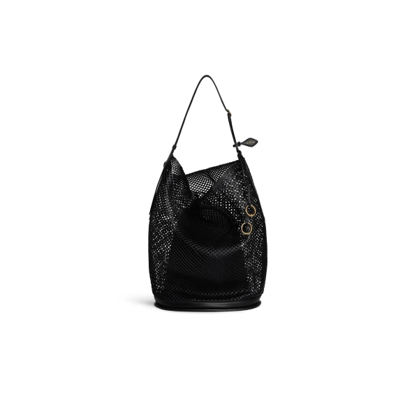 Hip Large Bucket Bag in Leather Net, Black