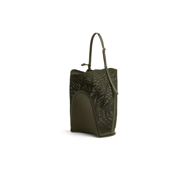 Alaia Hip Large Bucket Bag in Suede Net, Khaki | Bucket Bags | Luxury Shoes 