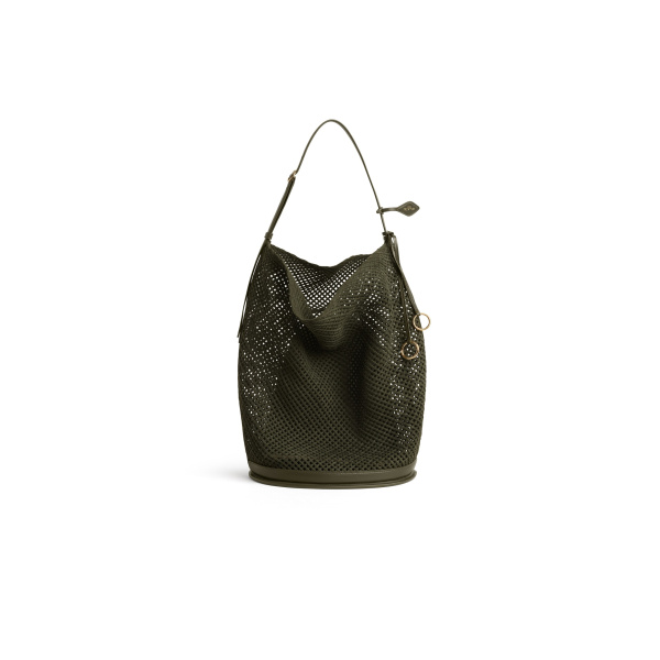 Alaia Hip Large Bucket Bag in Suede Net, Khaki | Bucket Bags | Luxury Shoes 