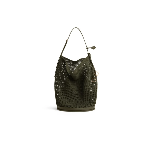 Hip Large Bucket Bag in Suede Net, Khaki