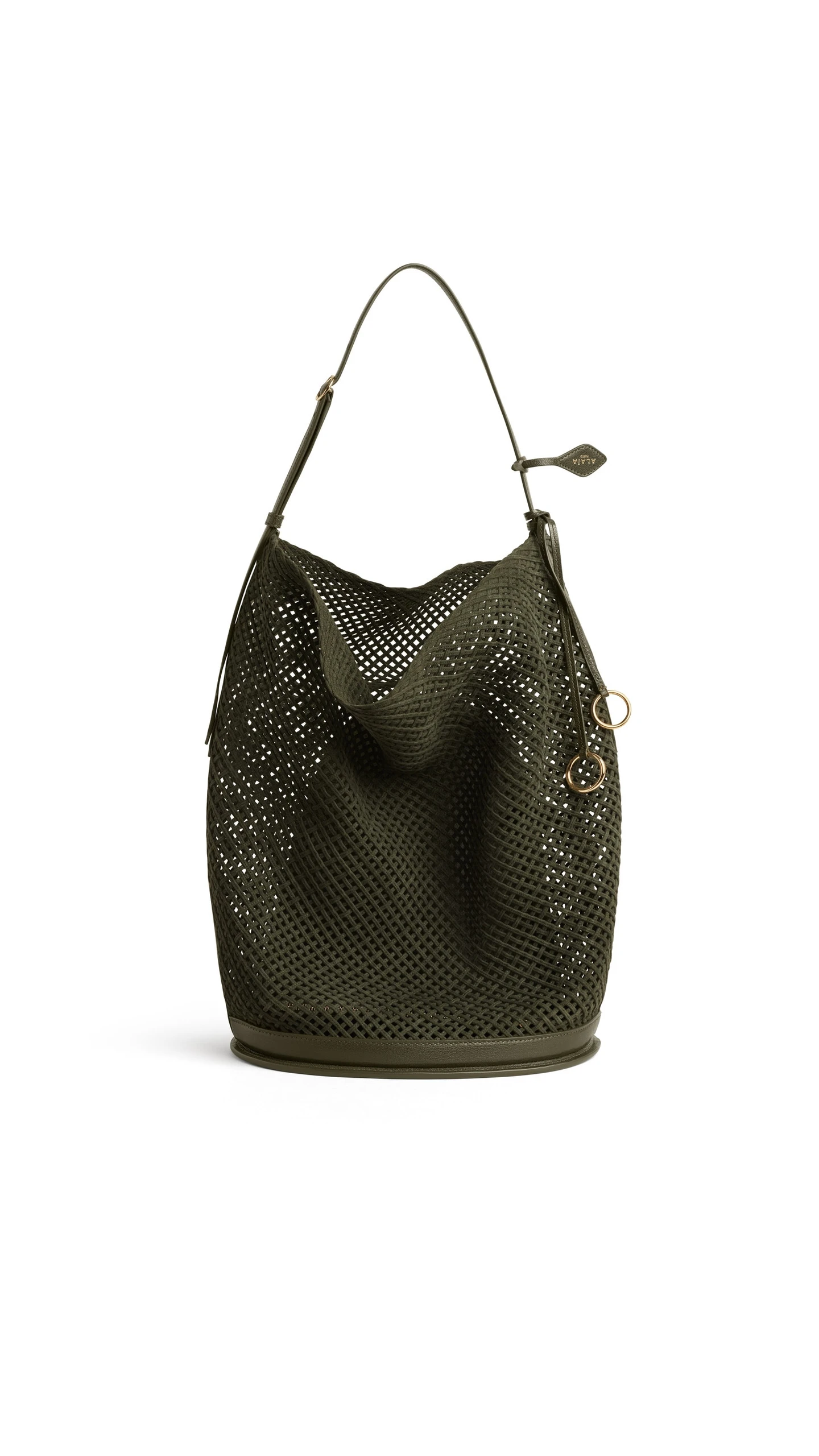 Alaia Hip Large Bucket Bag in Suede Net, Khaki Alaia Hip Large Bucket Bag in Suede Net, Khaki | Bucket Bags | Luxury Shoes