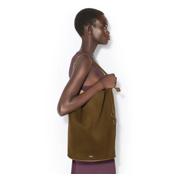 Alaia Hip Large Bucket Bi-Material Bag in Leather, Khaki | Bucket Bags | Luxury Shoes 