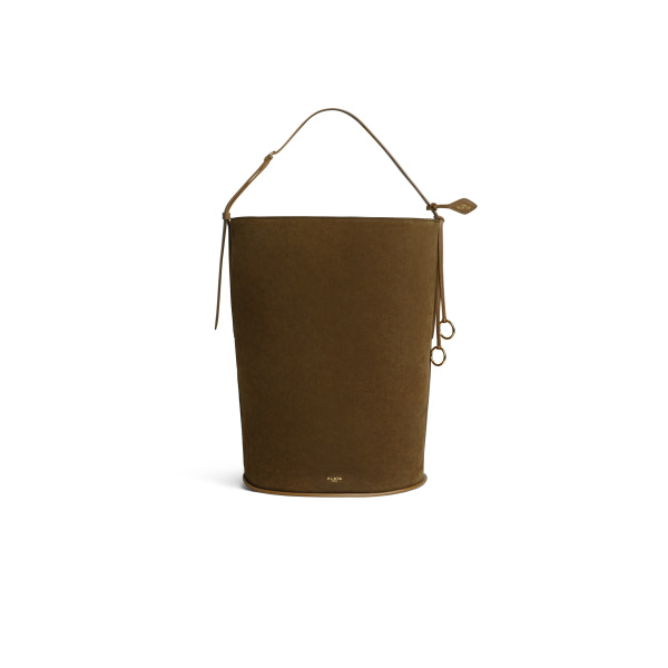 Alaia Hip Large Bucket Bi-Material Bag in Leather, Khaki | Bucket Bags | Luxury Shoes 