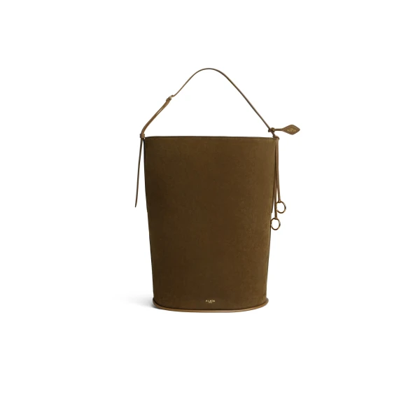 Hip Large Bucket Bi-Material Bag in Leather, Khaki