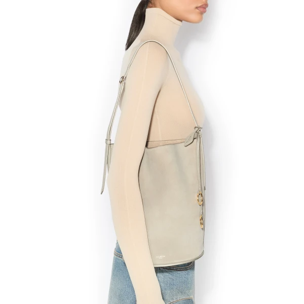 Alaia Hip Small Bucket Bi-Material Bag in Leather, Beige Grey | Bucket Bags | Luxury Shoes 