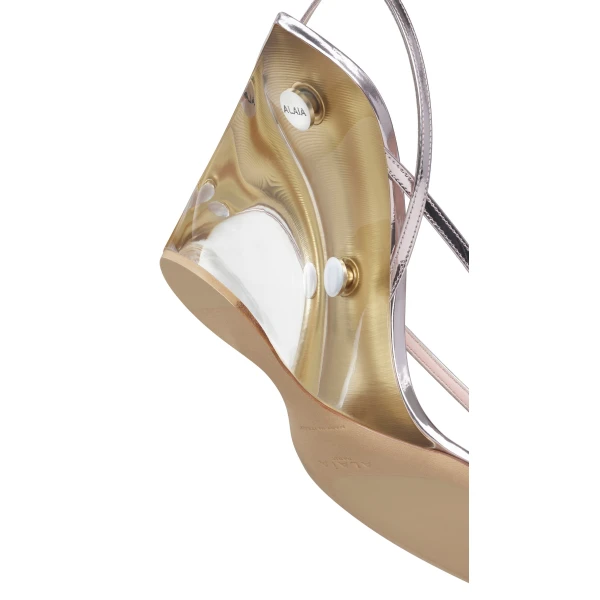 Alaia Invisible Thong Sandals in Mirror Calfskin, Blush and Silver | Sandals | Luxury Shoes 
